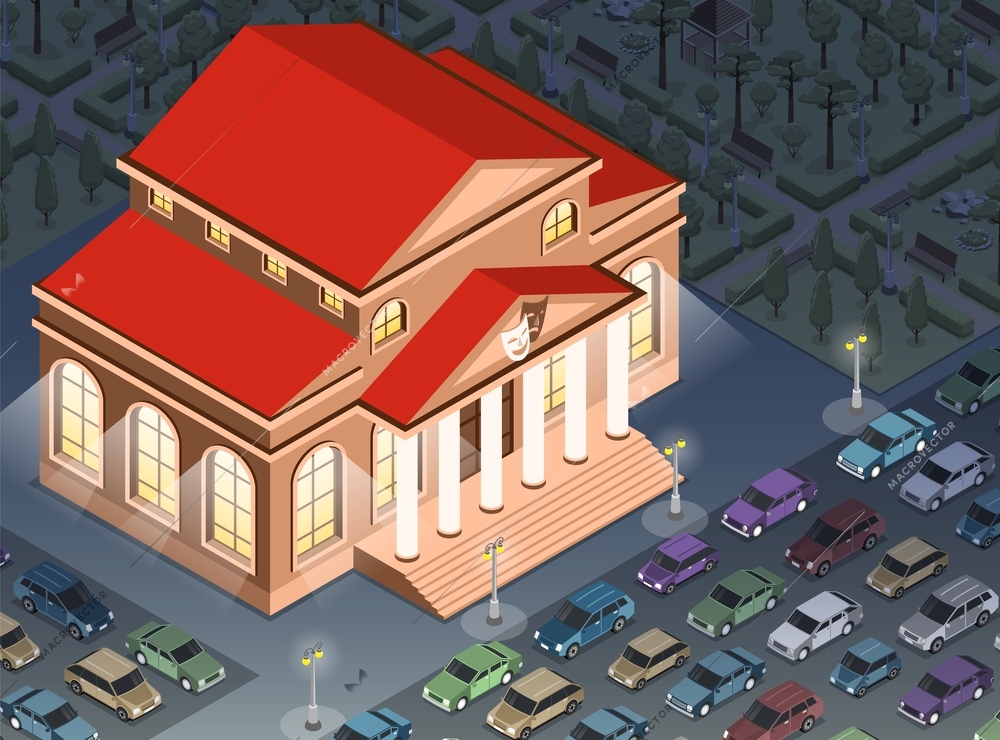 Isometric city fragment with theater building and lot of parked cars nearby vector illustration