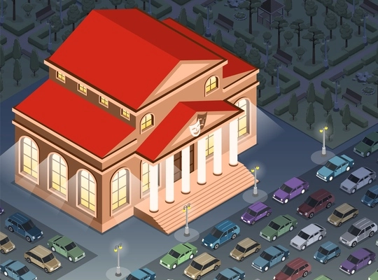 Isometric city fragment with theater building and lot of parked cars nearby vector illustration