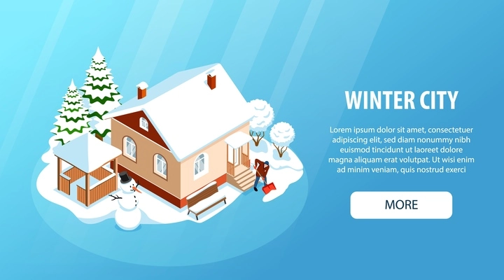 Winter city horizontal banner decorated with composition of snowman house covered in snow man cleaning snow by shovel isometric vector illustration