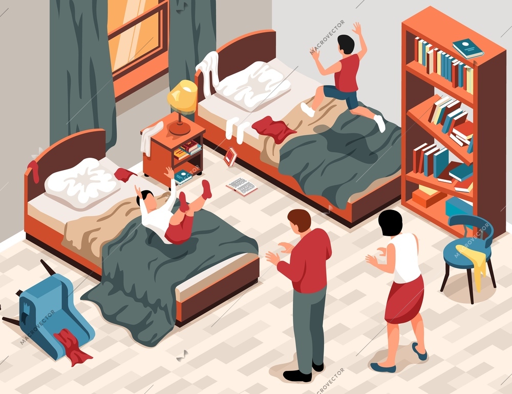 Messy room isometric background with shocked parents and kids tumbling and jumping on bed vector illustration