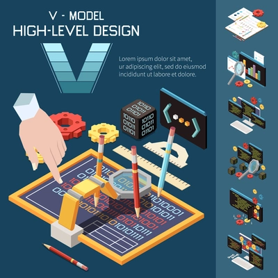 V model software development isometric composition with human hand pencils drawing code with gears and text vector illustration