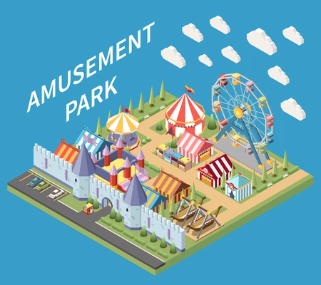 Amusement park isometric composition with isolated view of recreation area with medieval style wall and attractions vector illustration