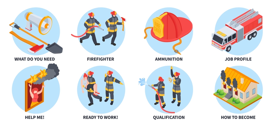 Isometric firefighter set of isolated round compositions with editable text and characters of firemen at work vector illustration