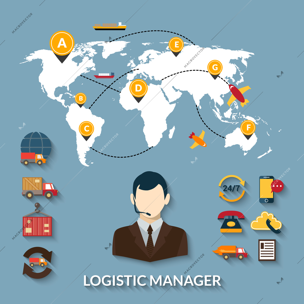 Logistic manager infographics set with delivery business workflow and world map vector illustration