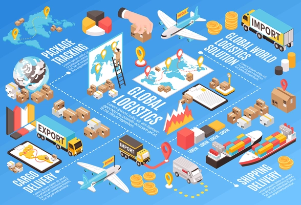 Isometric export import horizontal composition with editable text and parcel boxes bar charts with delivery vehicles vector illustration