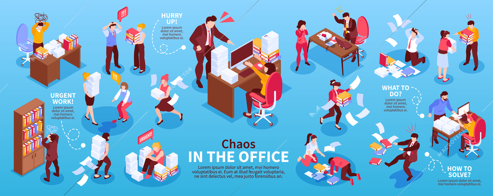 Isometric office chaos infographics with set of isolated compositions showing workers in heavy mess with text vector illustration