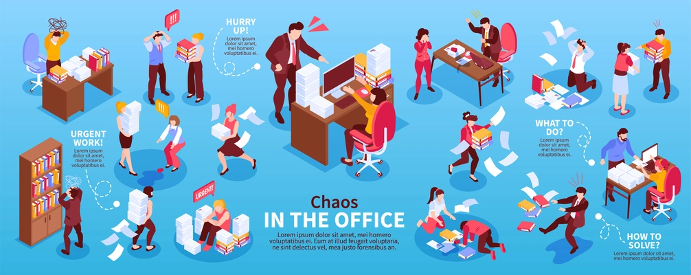 Isometric office chaos infographics with set of isolated compositions showing workers in heavy mess with text vector illustration