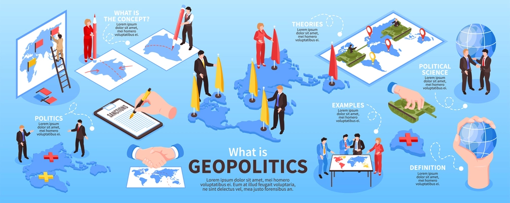 Isometric geopolitics infographics with text and isolated icons of earth globe territories agreements and politicians characters vector illustration