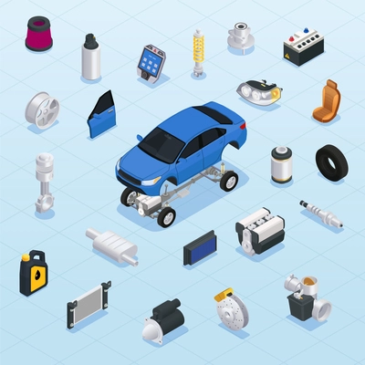 Car parts isometric flowchart with auto spares vector illustration