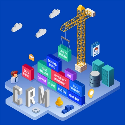 CRM isometric concept with customer loyalty building and management symbols vector illustration