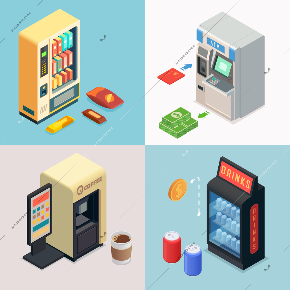 Vending machine isometric set with square compositions of atm drinks coffee machine with cash and goods vector illustration