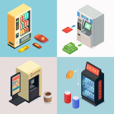 Vending machine isometric set with square compositions of atm drinks coffee machine with cash and goods vector illustration