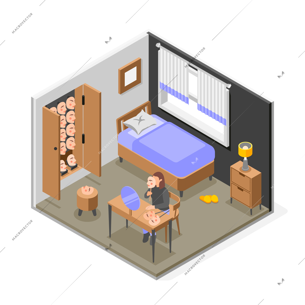 Woman in her room choosing social masks to hide her face and real emotions isometric composition vector illustration