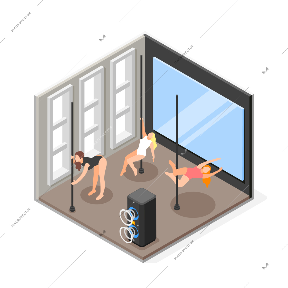 Women pole dancing to music at studio isometric composition vector illustration