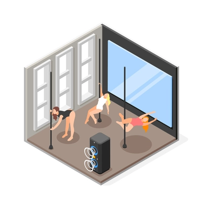 Women pole dancing to music at studio isometric composition vector illustration