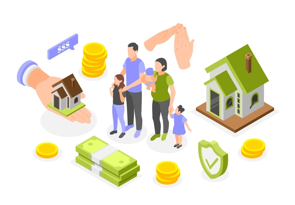 Social insurance family home protection isometric composition vector illustration