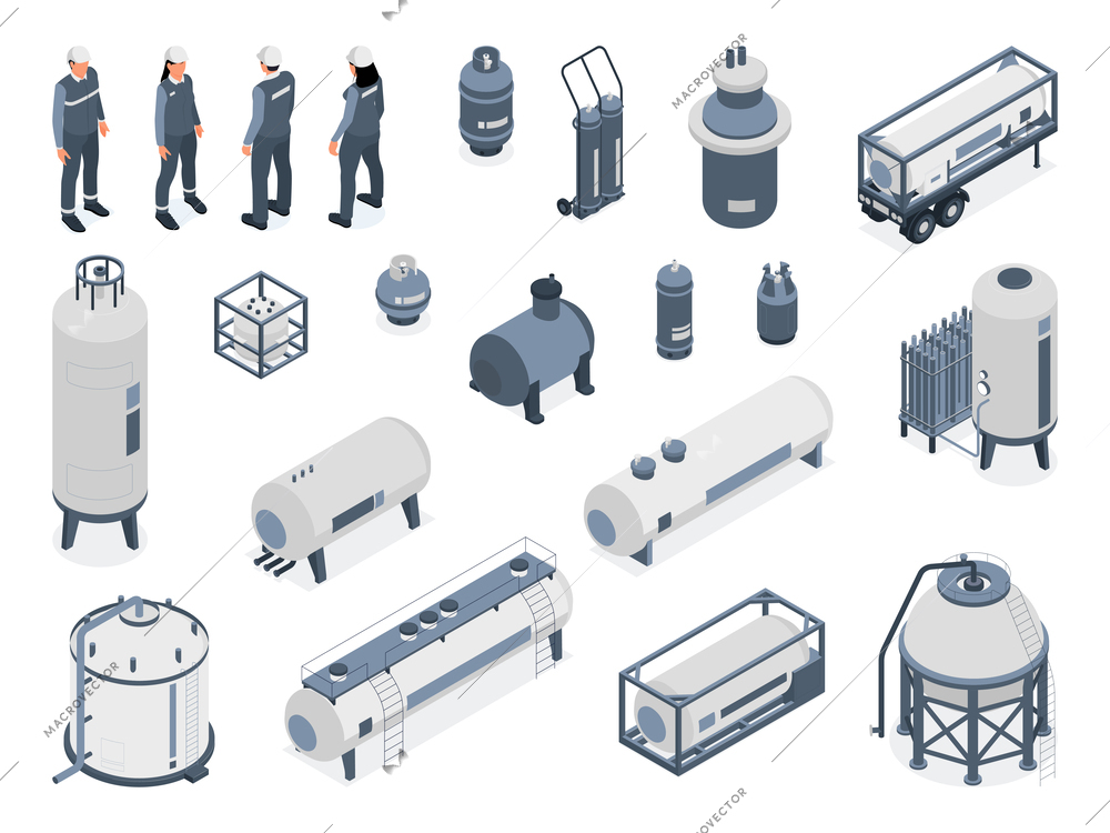 Isometric compressed gas people set of isolated icons with industrial storage tanks and characters of workers vector illustration