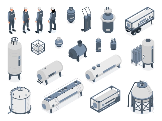 Isometric compressed gas people set of isolated icons with industrial storage tanks and characters of workers vector illustration