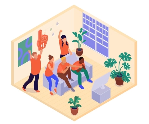 Isometric sport fans composition with isolated view of living room with group of friends watching tv vector illustration