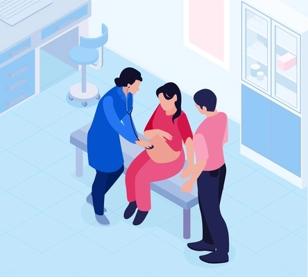 Isometric family doctor composition with characters of pregnant wife and husband having appointment at doctors office vector illustration