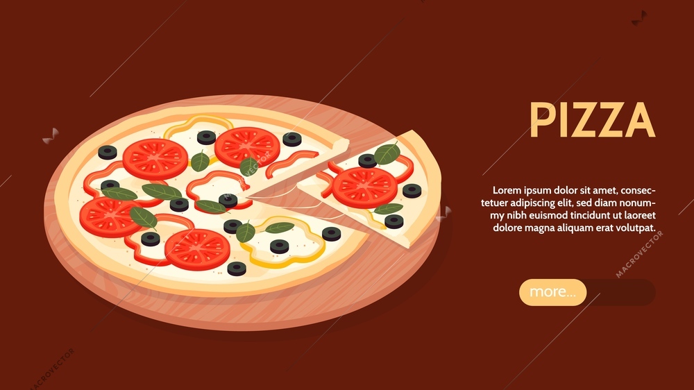 Isometric pizza horizontal banner with image of cut pizza on round wooden tray text and button vector illustration