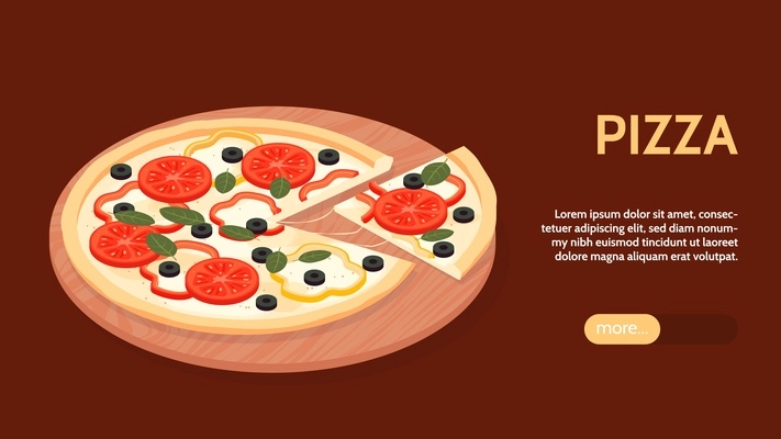 Isometric pizza horizontal banner with image of cut pizza on round wooden tray text and button vector illustration