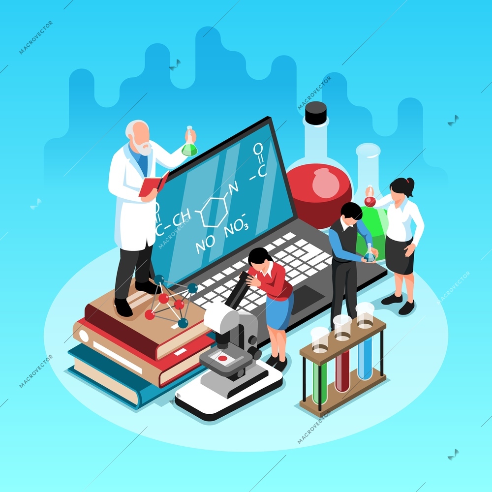 School science lab isometric design concept with teacher pupils tutorials chemical formulas beakers for experiments vector illustration