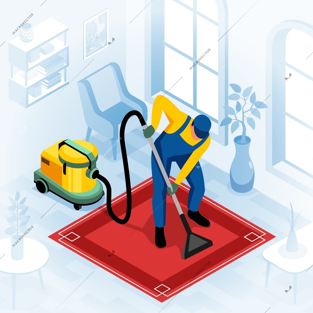 Cleaning service in home interior isometric composition with male character in uniform vacuuming carpet 3d vector illustration