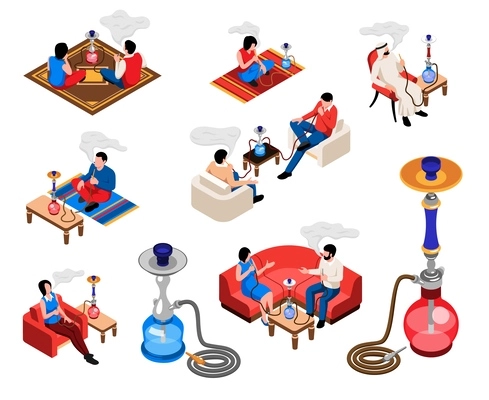 Lounge bar isometric set of people relaxing and smoking hookah in club or cafe isolated vector illustration