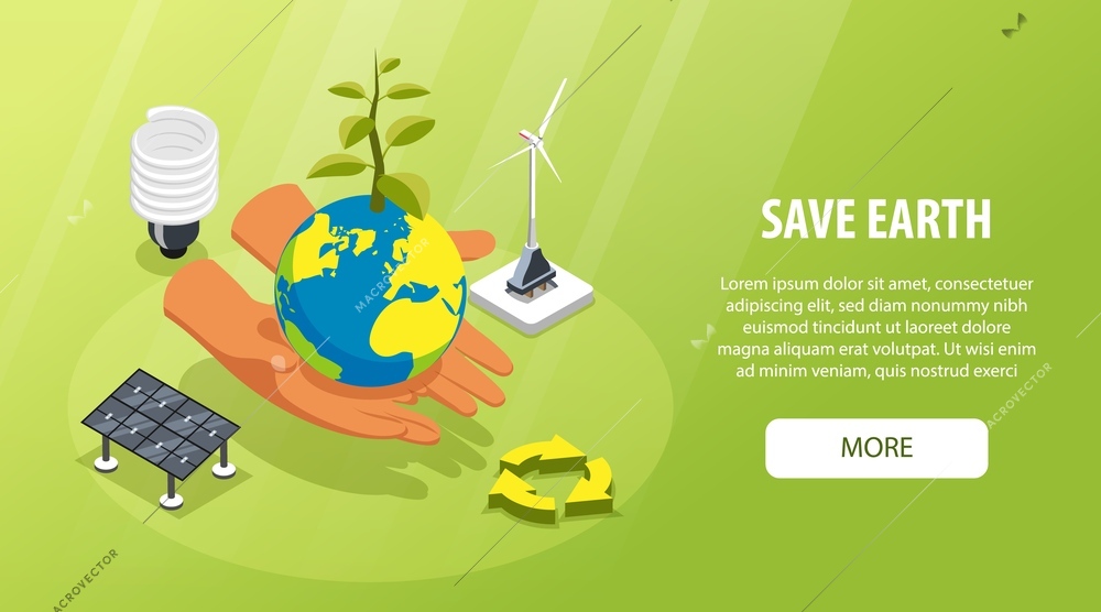 Save earth horizontal green banner with eco bulb wind turbines solar panels isometric vector illustration