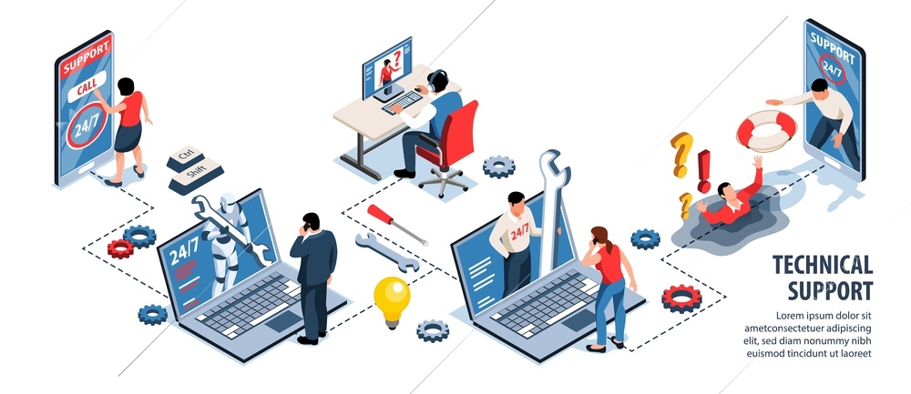 Technical support infographics with  hotline operators talking with clients by phone or in chat isometric vector illustration