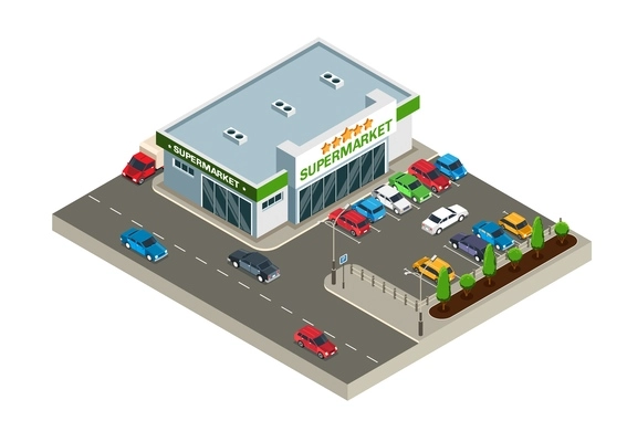 Supermarket building outdoor with car parking isometric object isolated on white background 3d vector illustration