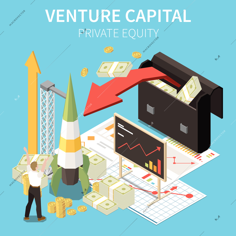 Venture capital isometric composition of text and icons of rocket with stacks of money and briefcase vector illustration