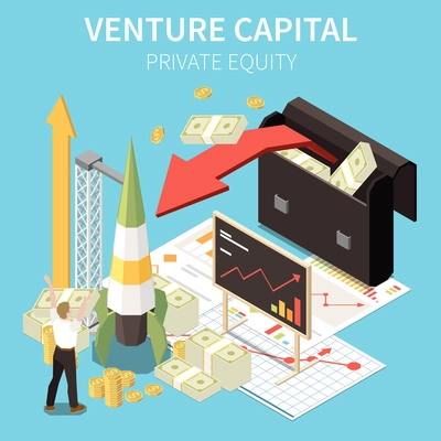 Venture capital isometric composition of text and icons of rocket with stacks of money and briefcase vector illustration