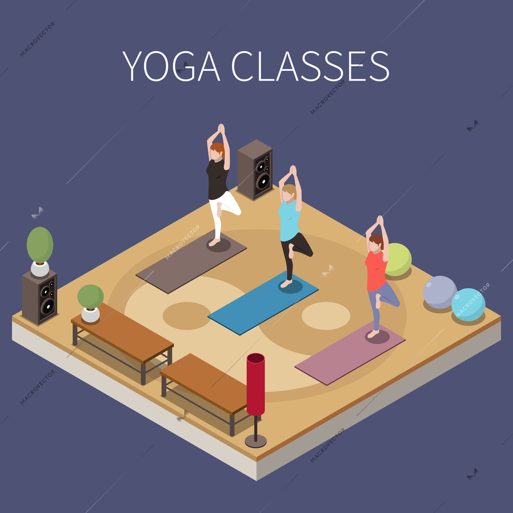 Alternative medicine isometric composition with editable text and view of three dancing girls with gym equipment vector illustration