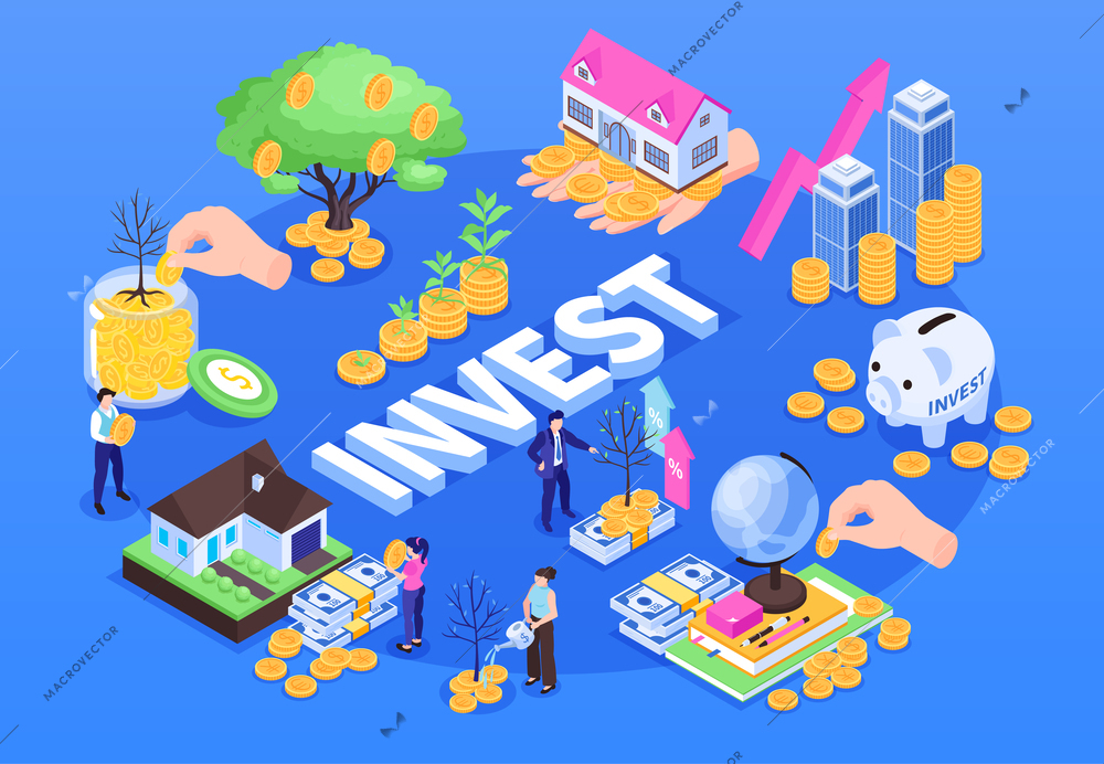 Isometric investment isolated composition with piggy banks coins money tree icons and human characters with text vector illustration