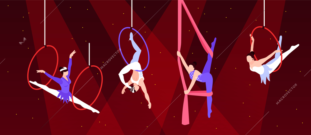 Isometric circus composition with characters of aerial performers female trapeze artists flying and hanging on rings vector illustration