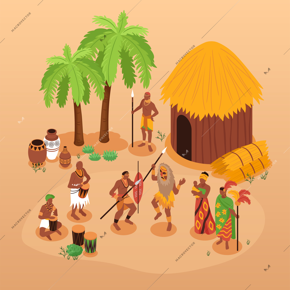 Isometric african people composition with isolated characters of natives with palms ancient arms and strawbale house vector illustration