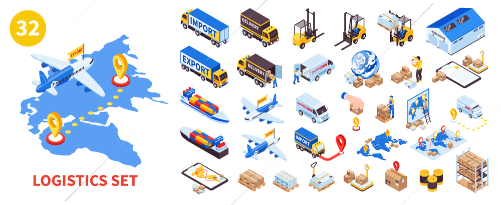 Isometric cargo logistics set with isolated icons of vehicles parcels location pins destination signs and routes vector illustration