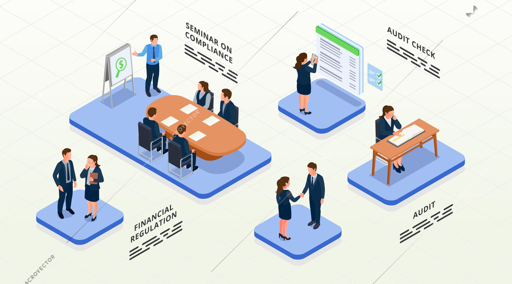 Financial regulation isometric concept with bank audit and compliance symbols vector illustration