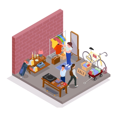 Garage sale isometric concept with people buying vintage goods vector illustration