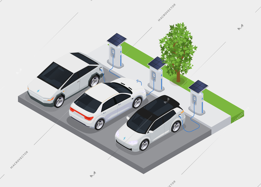 Electromobile transport isometric concept with electric cars charging on public station vector illustration