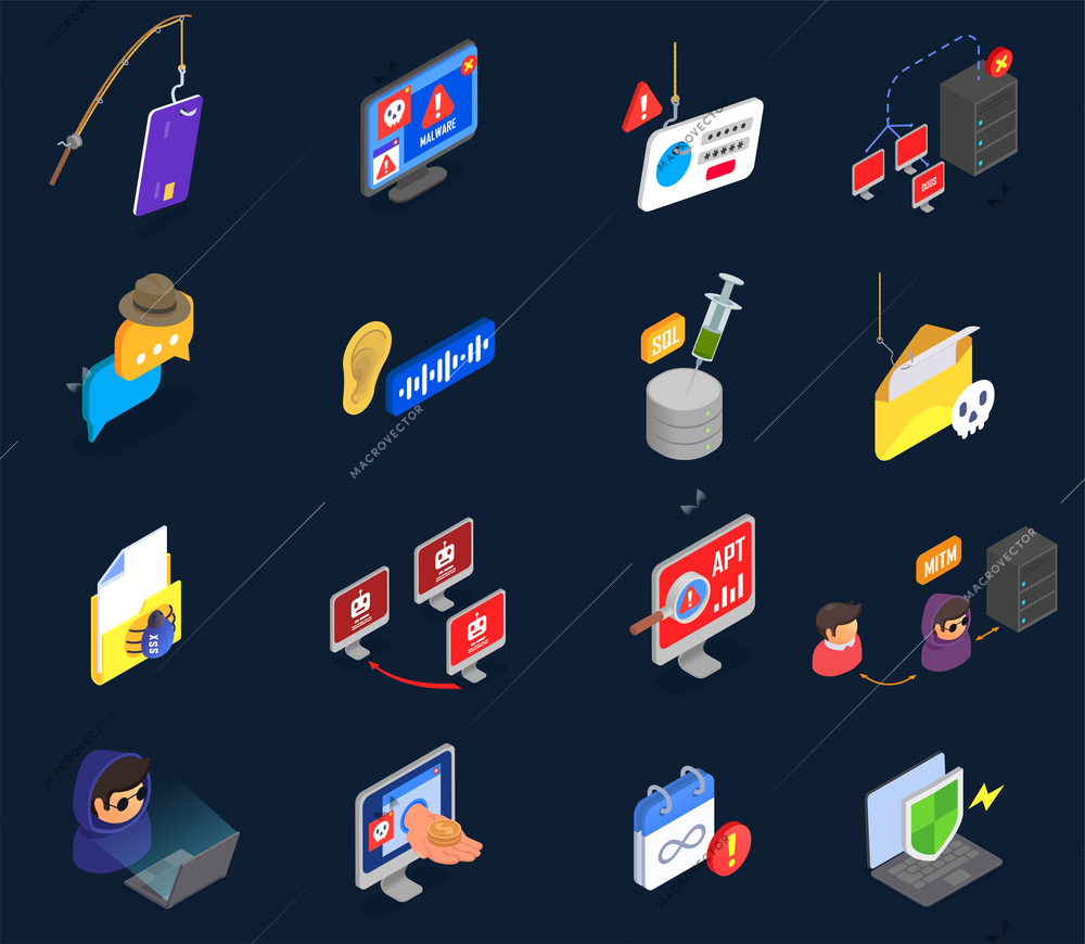 Cyber security isometric icons set with hacker attack symbols isolated vector illustration