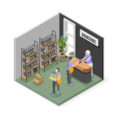 Customers buying books paying for purchases by card at book store isometric composition 3d vector illustration