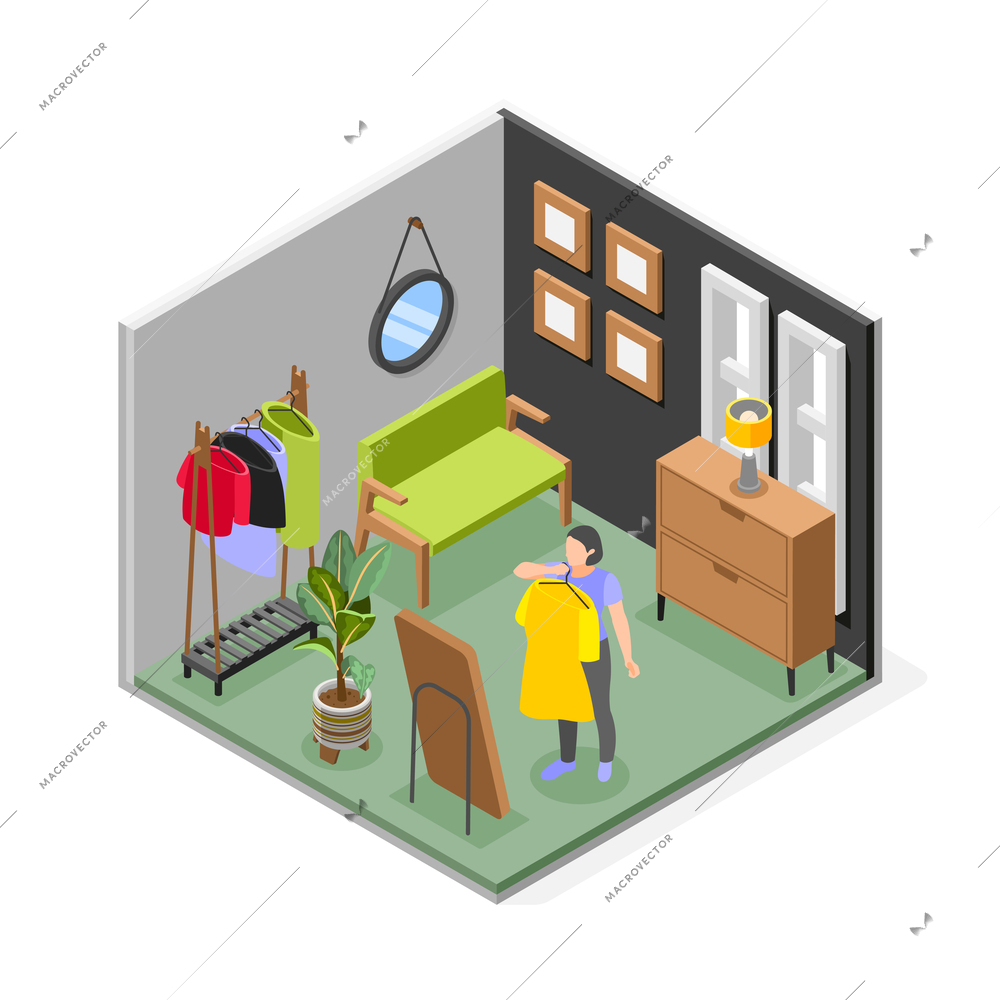 Spring wardrobe isometric composition with woman trying on yellow dress in front of mirror 3d vector illustration