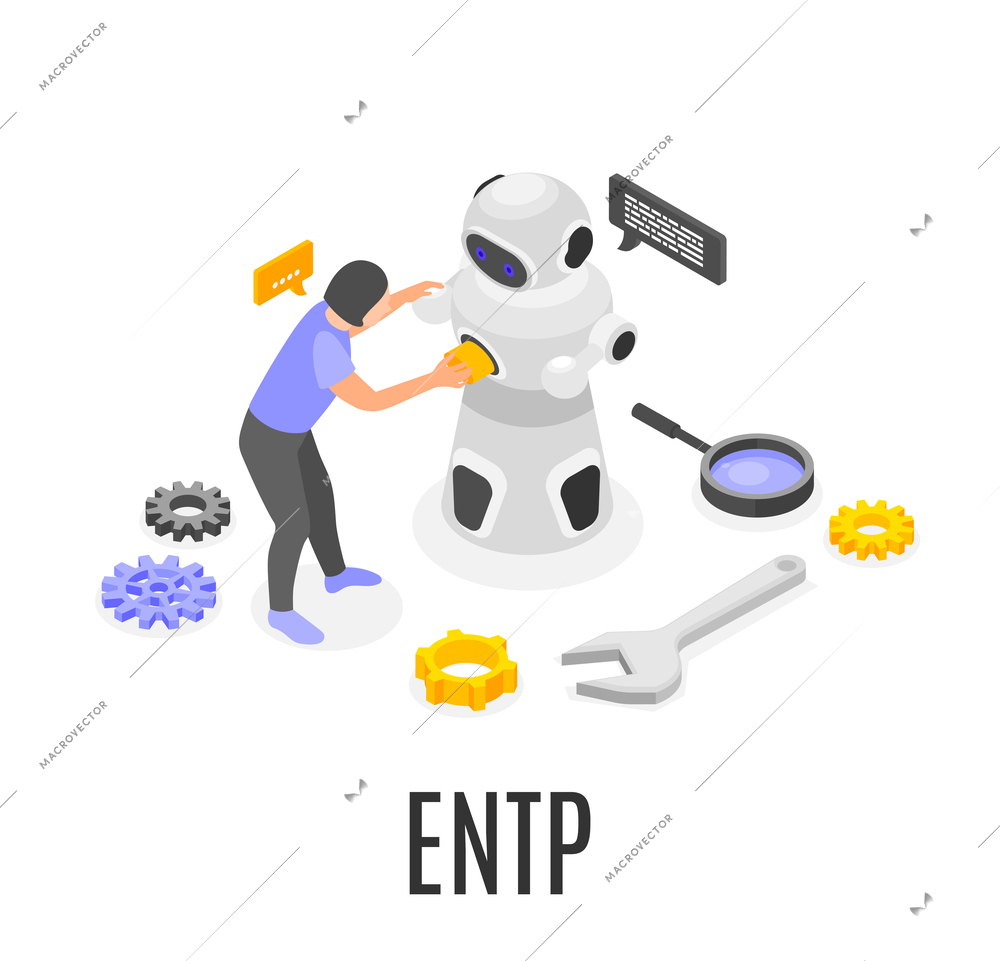 Isometric entp mbti type composition with creative female character fixing robot 3d vector illustration