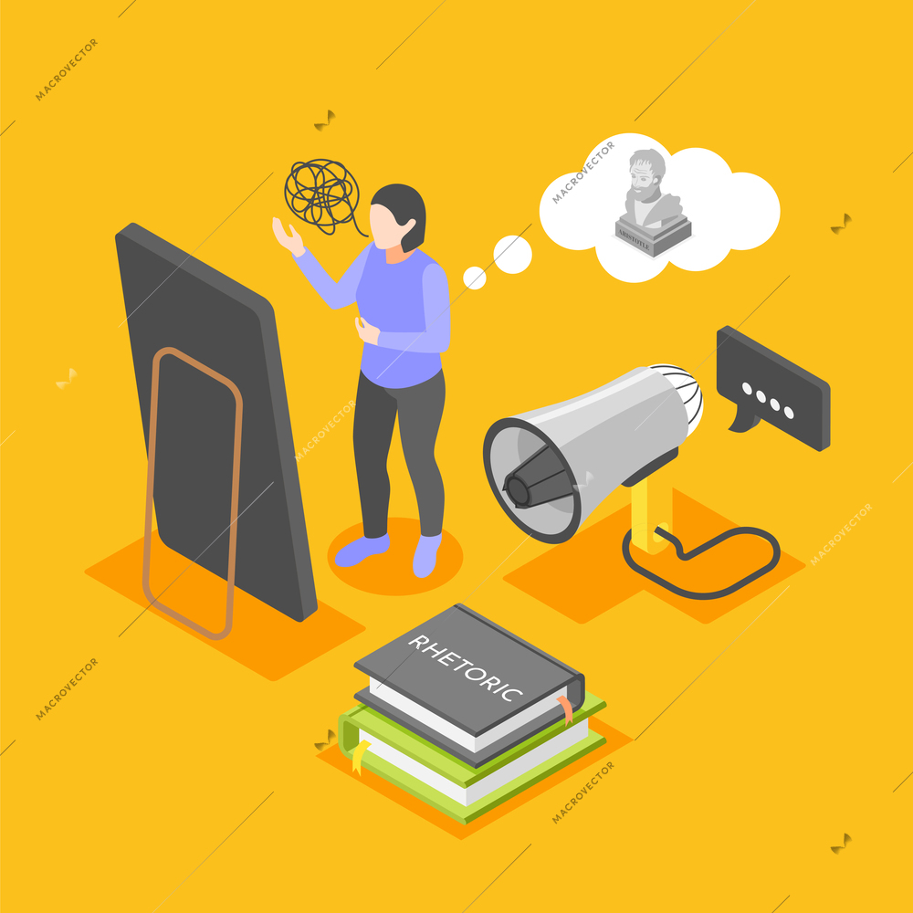 Rhetoric isometric composition with woman training public speaking in front of mirror on yellow background vector illustration