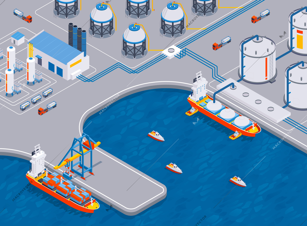 Isometric compressed gas composition with outdoor view of marine terminal with containers gas tanks and ships vector illustration