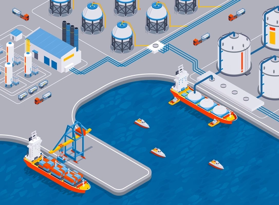 Isometric compressed gas composition with outdoor view of marine terminal with containers gas tanks and ships vector illustration