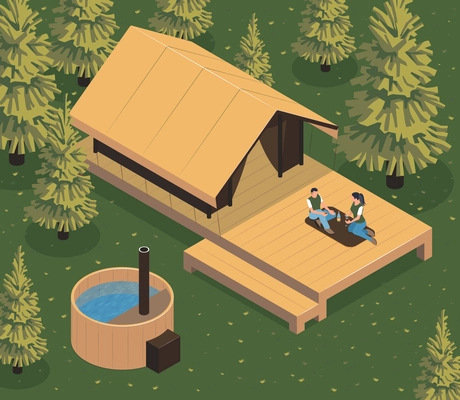 Isometric glamping composition with forest background and wooden house with pool and loving couple on porch vector illustration